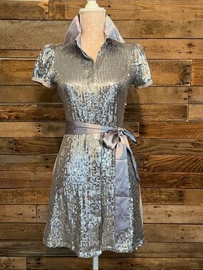 Sequin Silver Short-Sleeve Fit & Flare Dress with Satin Tie